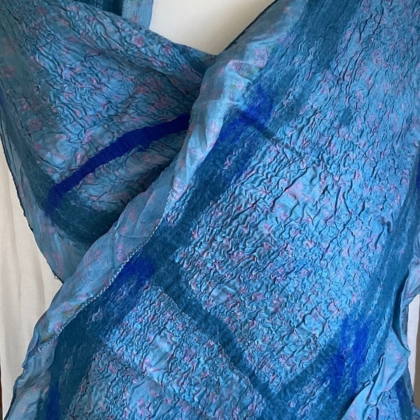 Unique Hand Felted  Wool & Silk Scarf  Made in Kathmandu Valley  14” x 64” Blue