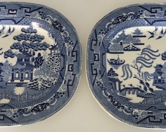 Pair of Large Antique Ironstone Willow Pattern Meat Plates Transfer ware