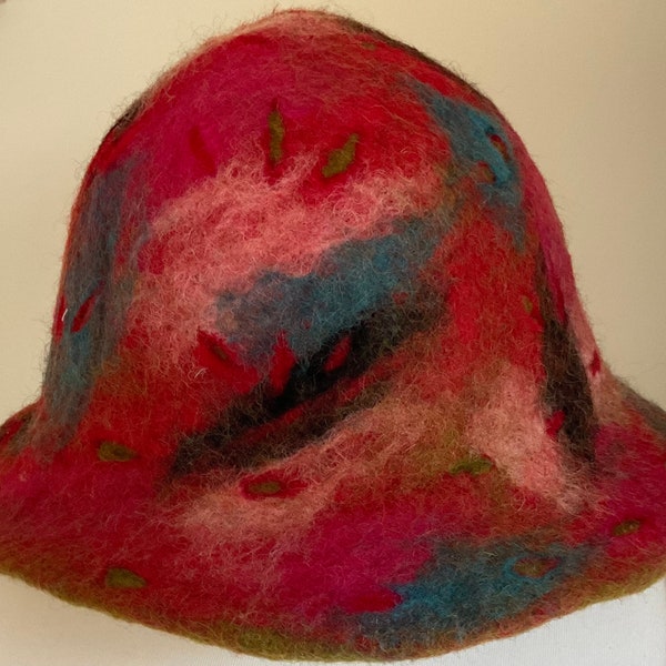Fabulous unique 100% wool felt Hat Hand Made Arty Design Multi coloured Red blue pink  purple Festival