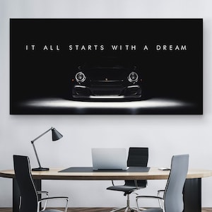 Motywacyjny Porsche Dream Big Canvas Print Inspiracja Miłośnik Supersamochodów Sztuka, Luksusowy Samochód Sportowy Dekoracja Ścienna Biura Motoryzacyjny Plakat Motywacyjny