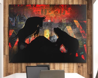 Wall Street Canvas Print, Bull Vs Bear Poster, Stock Market Exchange Art, Forex Trader Gift, Trading Sign, Dollars Trade Investing Artwork