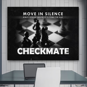 Move In Silence Motywacyjny obraz ścienny na płótnie Wystrój biura, prezent dla gracza w szachy, cytat inspirujący do gry w szachy, znak miłośnika szachów