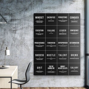 May include: A black and white motivational poster with 16 squares, each containing a word and a short definition. The words include "Mindset", "Sacrifice", "Persistence", "Conquer", "Execution", "Failure", "Leader", "Confidence", "Perseverance", "Tomorrow", "Entrepreneur", "Determination", "Success", "Hustle", "Talent", "Grind", "Grit", "You're Gonna Die", "Money Never Sleeps", and "Salary".
