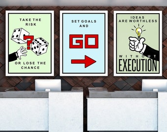 May include: Three motivational posters with a green, blue, and green background. The first poster says "Take the risk or lose the chance" and features a hand reaching for a dice. The second poster says "Set goals and go" and features a red arrow pointing to the right. The third poster says "Ideas are worthless without execution" and features a hand pointing to a light bulb.