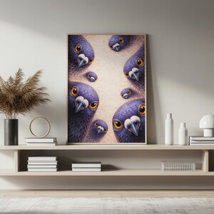 May include: A framed art print featuring a whimsical illustration of several purple pigeons with bright orange eyes. The birds are arranged in a semi-circle, creating a curious and engaging composition. The artwork is set against a neutral background.