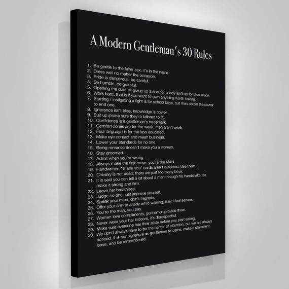 Modern Gentlemans 30 Rules Canvas Print  Inspirational Wall Art for Men  Motivational Gift for Him