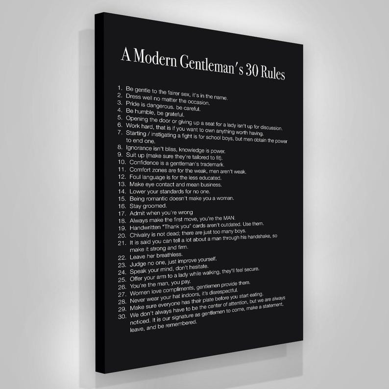 Modern Gentlemans 30 Rules inspirational real man manners quote canvas print or framed poster for your home, workspace, or office decor wall art!

This motivational real man wall art of Modern Gentleman's 30 Rules will work as a daily reminder