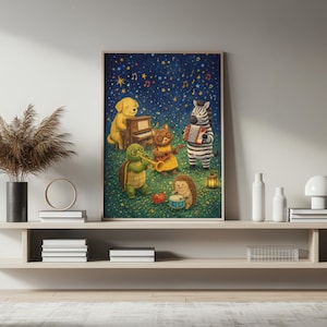 May include: A framed print featuring a whimsical illustration of a band of animal musicians. A yellow dog plays the piano, a zebra the accordion, a cat the guitar, a turtle the trumpet, and a hedgehog the drums, all under a starry night sky.