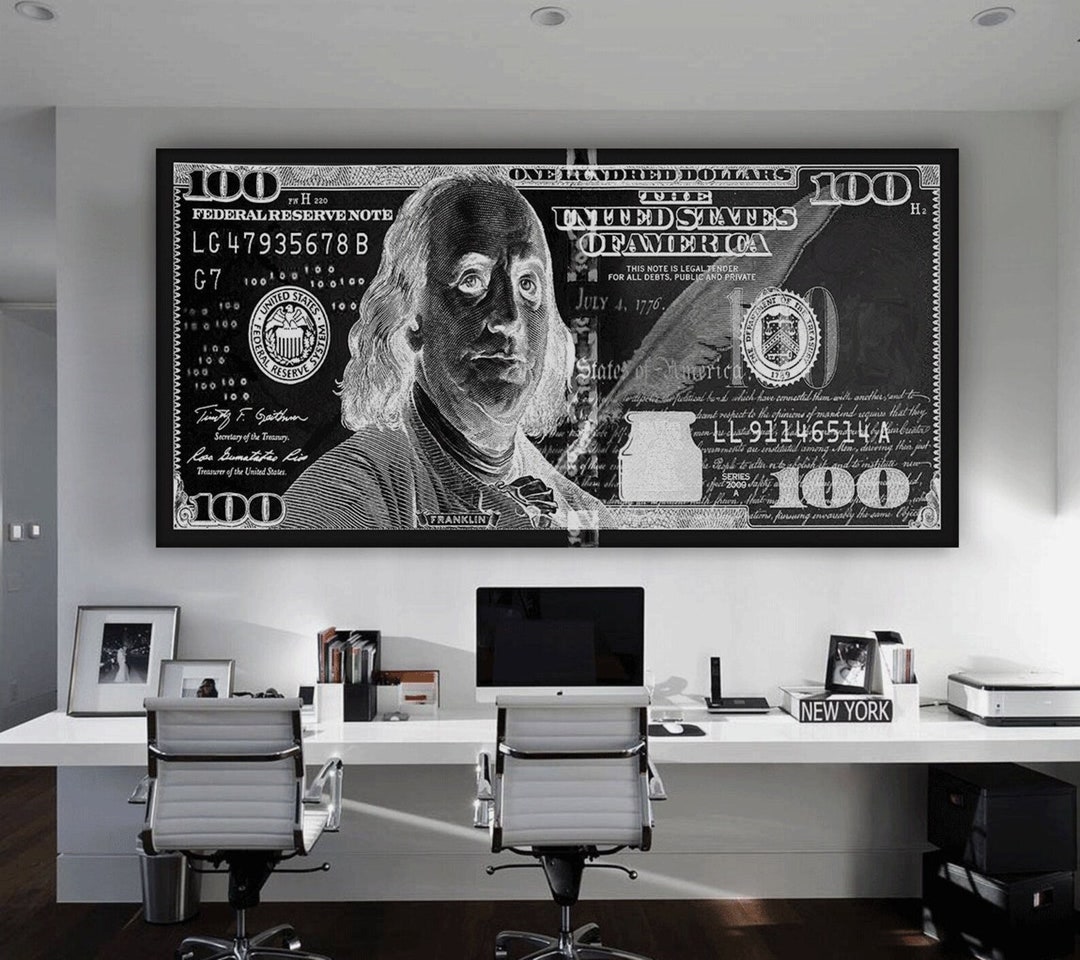 Money Art 100 Dollar Bill Canvas Print Black and White Office Etsy