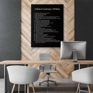 Modern Gentlemans 30 Rules inspirational real man manners quote canvas print or framed poster for your home, workspace, or office decor wall art!

This motivational real man wall art of Modern Gentleman's 30 Rules will work as a daily reminder