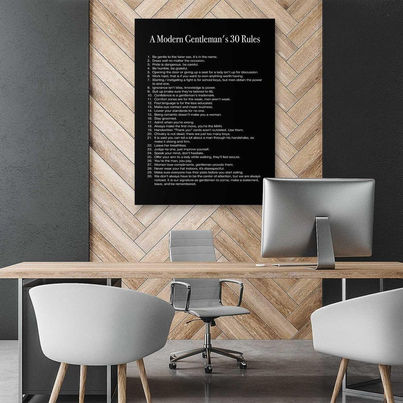 Modern Gentlemans 30 Rules inspirational real man manners quote canvas print or framed poster for your home, workspace, or office decor wall art!

This motivational real man wall art of Modern Gentleman's 30 Rules will work as a daily reminder