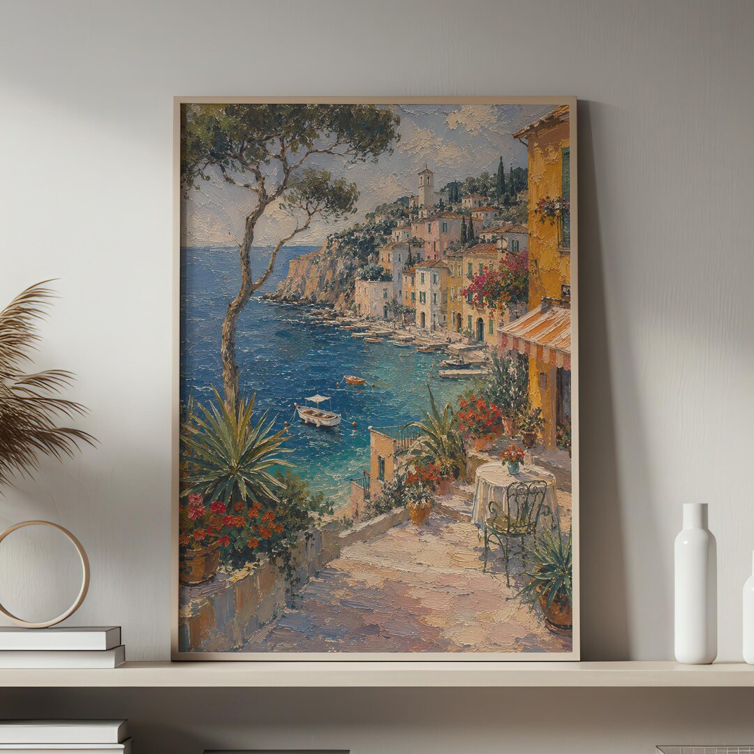 Italian Coastal Village Wall Art Print, Mediterranean Seaside Canvas ...