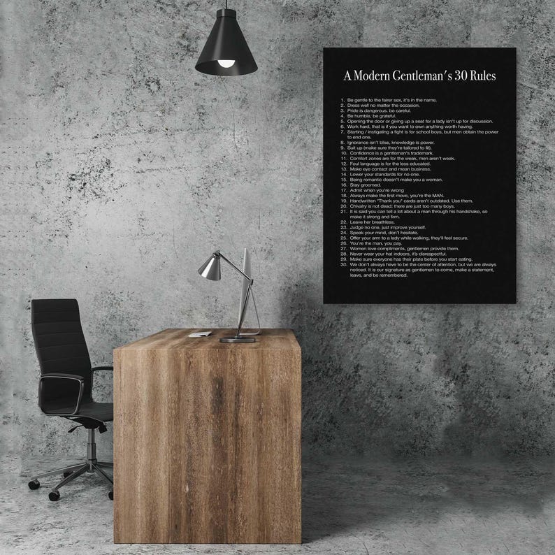 Modern Gentlemans 30 Rules inspirational real man manners quote canvas print or framed poster for your home, workspace, or office decor wall art!

This motivational real man wall art of Modern Gentleman's 30 Rules will work as a daily reminder