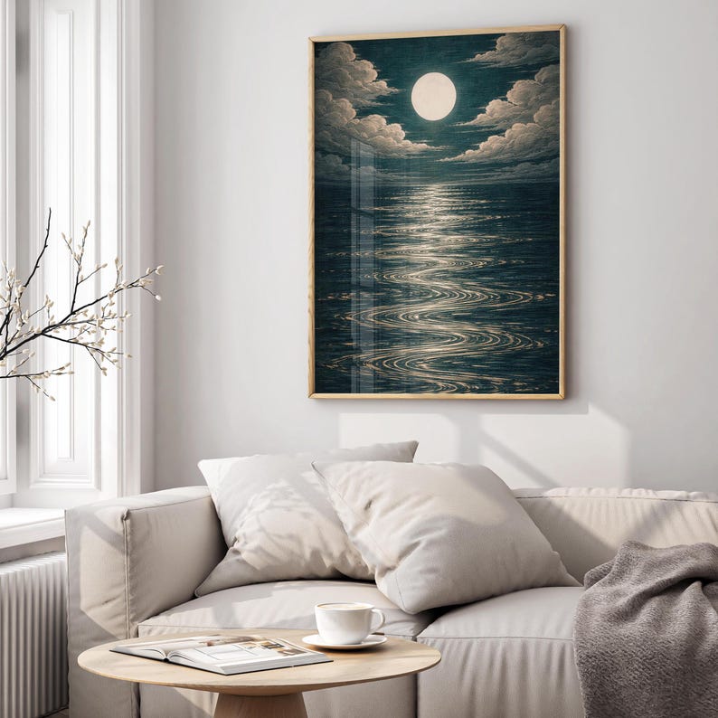 Moonlit Ocean Wall Art Printable, Full Moon Ocean Print, Coastal Night ...
