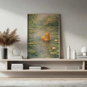 Orange Cat Art Digital Download, Water Lily Pond Painting, Impressionist Cat Art Print, Animal Artwork, Cottagecore Wall Decor - N175B