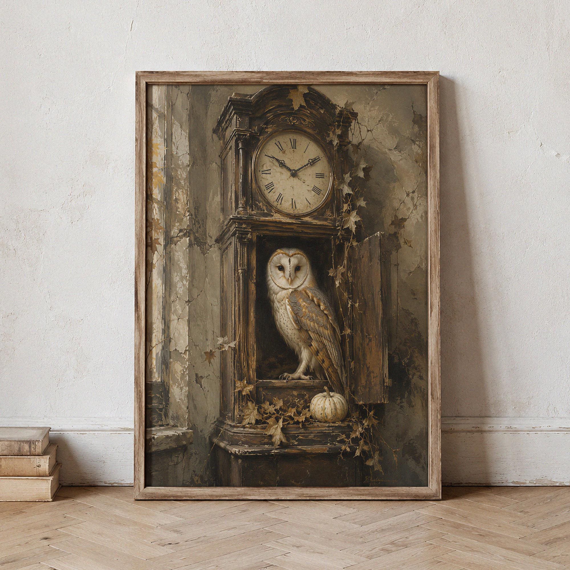 Owl Wall Art Vintage Autumn Decor, Barn Owl Canvas Print, Antique Clock Poster, Rustic Farmhouse Fal