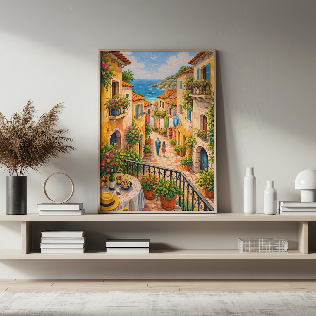 Mediterranean Coastal Village Art Print, Italian Riviera Wall Art ...