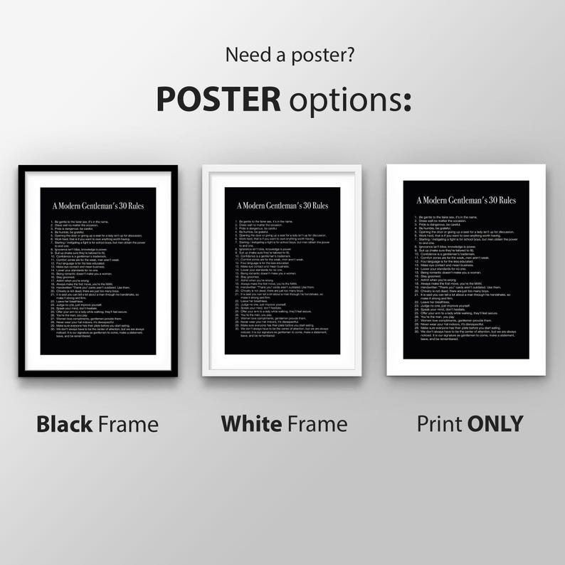 Modern Gentlemans 30 Rules inspirational real man manners quote canvas print or framed poster for your home, workspace, or office decor wall art!

This motivational real man wall art of Modern Gentleman's 30 Rules will work as a daily reminder