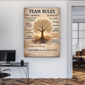 Può includere: Una stampa murale rettangolare su sfondo color legno chiaro con un'illustrazione centrale di un albero dalle foglie color autunno. Il testo recita TEAM RULES, MAKE A DIFFERENCE, BELIEVE IN YOURSELF, SHOW RESPECT, BE KIND, THINK POSITIVE e TOGETHER WE CAN SUCCEED.