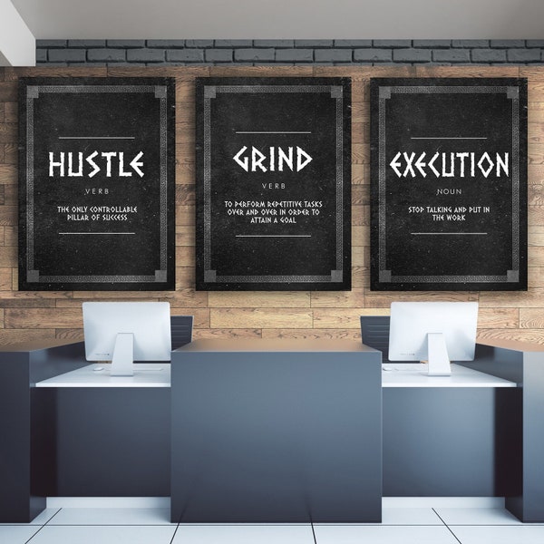 3 Stück Bundle Hustle Grind ausführung Wand Kunst Leinwand Drucke Büro Dekor Motivations Entrepreneur Verb Definitionen Ägypten Antiken Stil