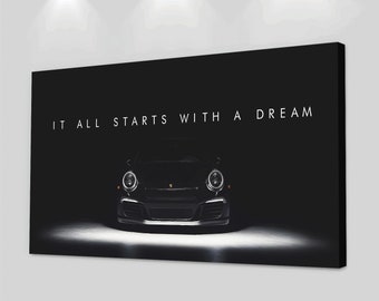 Motivational Porsche Dream Big Canvas Print Inspiration Supercar Lover Art, Luxury Sports Car Wall Office Decor Automotive Motivation Poster