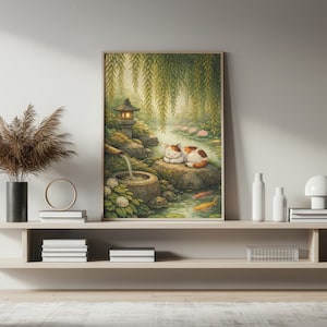 Japanse tuinkat kunst aan de muur, zen koi vijver canvasafdruk, poster vredige natuur, schattige slapende kat artwork, botanisch Aziatisch decor - N167B