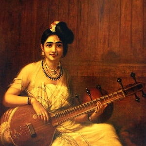 Malabar Lady with Veena par Raja Ravi Varma - Réimpression sur toile - Rouleau de toile (sans cadre)