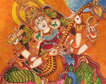 Beautiful Goddess Saraswathi - Kerela Mural Canvas Painting