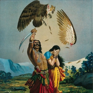 May include: A painting depicting a scene from Hindu mythology. A man in a red and green skirt holds a sword aloft, while a woman in a yellow and blue sari covers her face with her hands. A dead bird with blood on its wings lies on the ground.