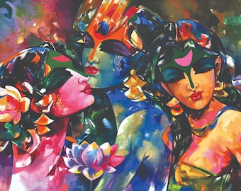 Radha Krishna Pintura de lienzo india contemporánea