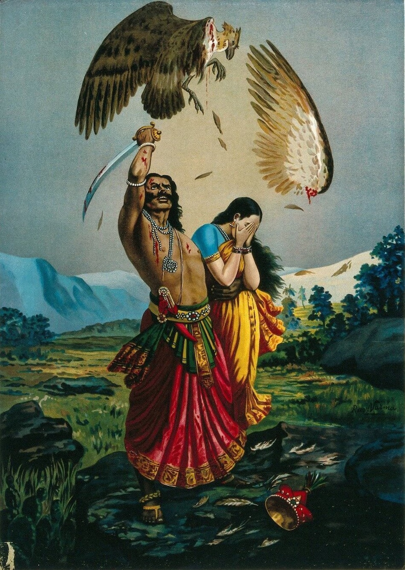 May include: A painting depicting a scene from Hindu mythology. A man in a red and green skirt holds a sword aloft, while a woman in a yellow and blue sari covers her face with her hands. A dead bird with blood on its wings lies on the ground.