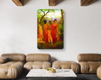 May include: A rectangular wall art print featuring a vibrant oil painting of three figures in red and yellow garments standing in a lush green forest setting with trees and foliage, displayed on a white wall above a brown leather sofa.