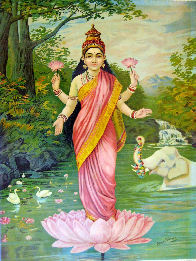 Raja Ravi Varma Goddess Lakshmi Rolled Canvas Reprint Unframed image 1