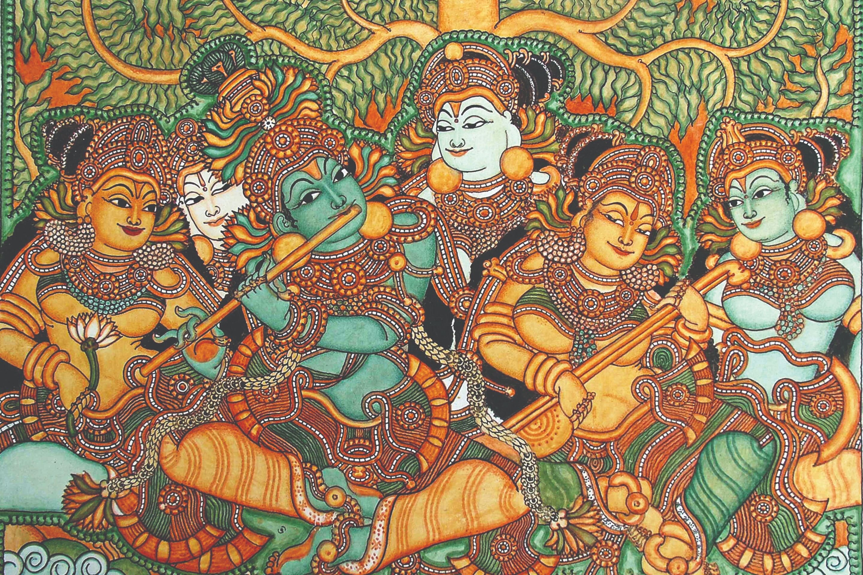 Krishna With Flute Kerala Mural Artwork Canvas Rolled Indian Etsy India Krishna With Flute Kerala Mural Artwork Canvas Rolled Indian Etsy India