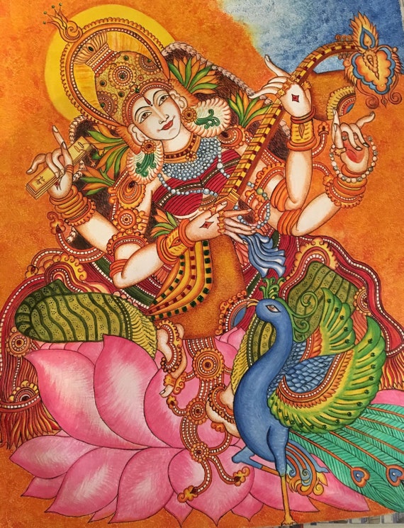 女神サラスワティ ケララ壁画キャンバス絵画 - Etsy 日本