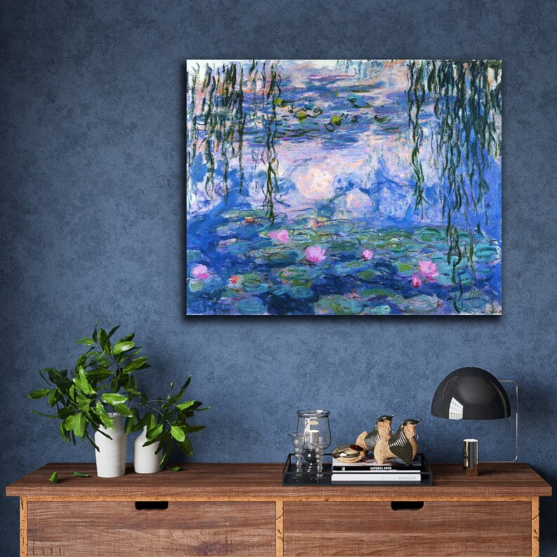 May include: A painting of a pond with water lilies and weeping willow trees. The water is a light blue color and the lilies are pink. The painting is done in a style reminiscent of Impressionism.
