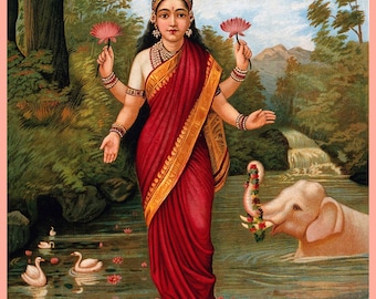 Goddess Lakshmi - Raja Ravi Varma - Canvas Painting - Canvas Roll (Unframed)