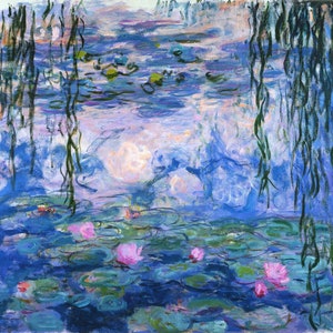 May include: A painting of a pond with water lilies and weeping willow trees. The water is a light blue color and the lilies are pink. The trees are green and their branches hang down into the water.