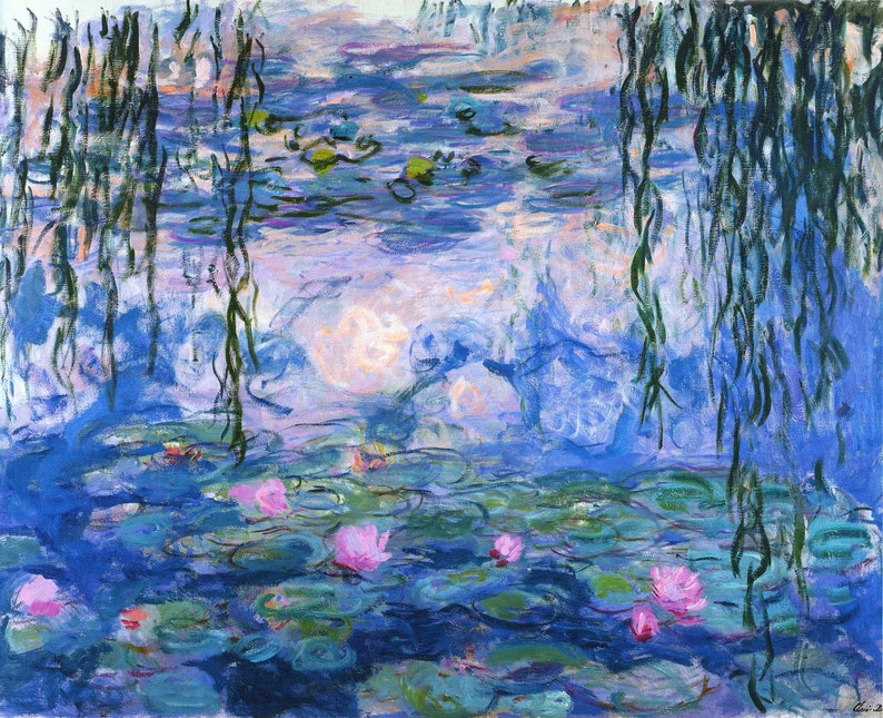 May include: A painting of a pond with water lilies and weeping willow trees. The water is a light blue color and the lilies are pink. The trees are green and their branches hang down into the water.