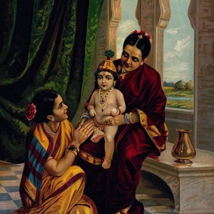 Infant Krishna sitting on Yashoda&#39;s lap by Raja Ravi Varma Canvas Rolled Painting