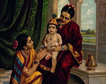 Infant Krishna sitting on Yashoda's lap by Raja Ravi Varma Canvas Rolled Painting