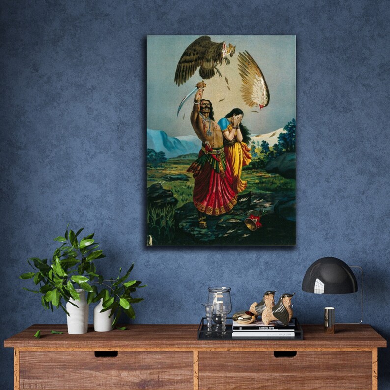 May include: A painting depicting a man holding a sword and a woman crying. A bird with its wings spread is flying above them. The scene is set in a lush green landscape.