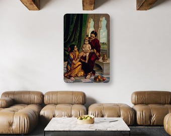 May include: A rectangular wall art print featuring a classical painting of two figures in traditional attire seated with a small child. The scene includes dark green curtains, stone archways, a tiled floor, and a bowl of fruit in a warm color palette.
