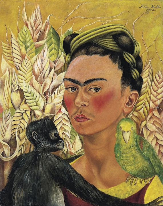 FRIDA KAHLO WITH HER PARROTS OIL PAINT REPRINT ON FRAMED CANVAS WALL ART 