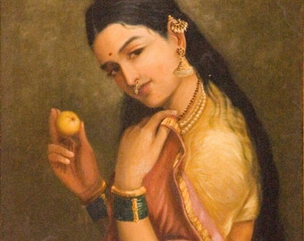 Femme tenant un fruit de Raja Ravi Varma - Réimpression sur toile roulée (sans cadre)
