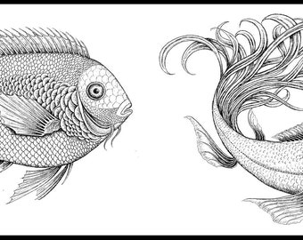 Pen and Ink, 3 Fish Wall Art, Bathroom Art, Home Decor, Office Art, Black and White, Ink Drawing, Printable Wall Art, Downloadable Wall Art.