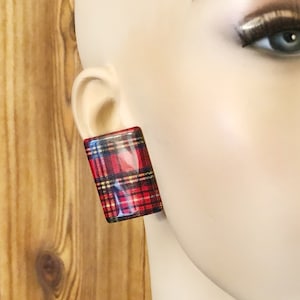 Cool Retro 70s / 80s Statement Earrings, Red Yellow Plaid Rectangle, Vintage Lucite, Punk New Wave Style