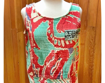 Authentic 80s Vintage Tank, New Wave Top, Japanese Designer Reversible, Bright Geometric Abstract, Multi Boho, Textured Cotton tank, XS/S