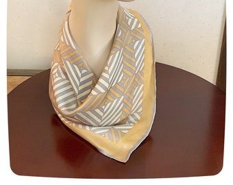 Vintage 70s Vera Neumann Scarf, Stylish Neutral Geometric Silk Print, Caramel Grey Cream, Iconic MCM Neckwear, Japanese Hand Rolled Hem