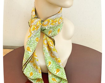 1970’s Vera Neumann Scarf, Vintage Yellow Green Cream Brown Silk, Square Floral Leaf Print, Iconic MCM Neckwear, Japanese Hand Rolled Hem